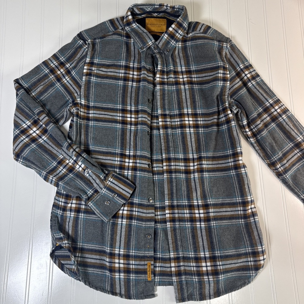 Denim & Flower Shirt Men's‎ Small Flannel Button Down Plaid Gray Blue Brown